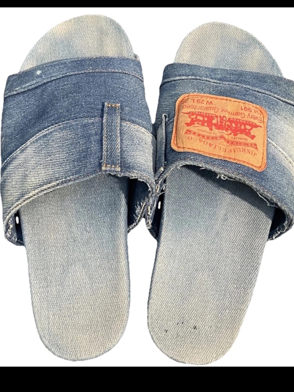 Denim Slide Sandals with Leather Patch - Blue